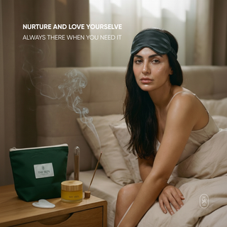Woman sitting on a couch with a headband, surrounded by self-care items and text 'Nurture and love yourself'.