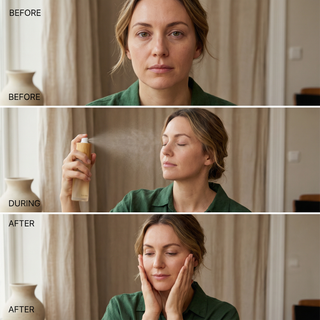 Before, during, and after a woman applying a facial mist spray.