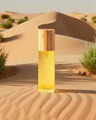 Yellow oil to milk cleanser THYSKIN skincare bottle with wooden cap on sand dunes