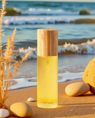 cleanser oil THY SKIN skincare bottle with wooden cap on a beach