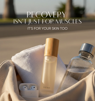 Bag with skincare products, water bottle, and earbuds with text 'Recovery isn't just for muscles. It's for your skin too.'