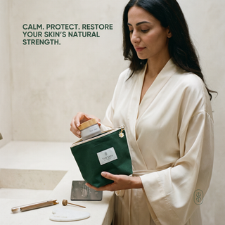 Woman in a robe holding a THY SKIN green pouch with skincare products, with text about skin care.
