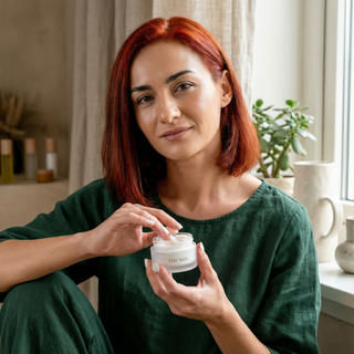 Woman holding a skincare product in a cozy indoor setting